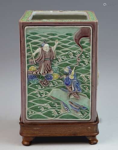 Chinese Famille Verte Porcelain Square Brush Pot