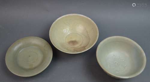 Three Chinese Celadon Porcelain Bowls and Plates