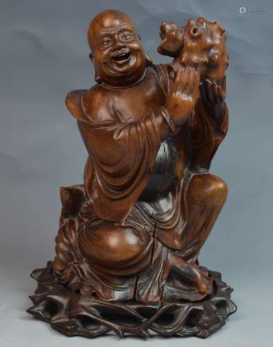 Chinese Wood Carved Laughing Buddha with Stand