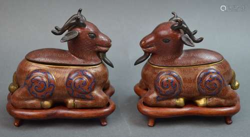 Pair of Chinese Cloisonne Sheep with Wood Stands