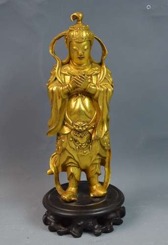 Chinese Bronze Gilt Standing Buddha on Wood Stand