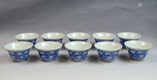 10 Pieces Chinese Blue and White Porcelain Cups