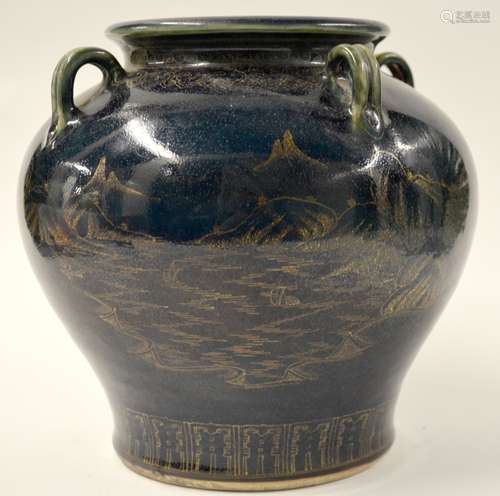 Chinese Powder Blue Glazed Gold-gilt Porcelain Jar