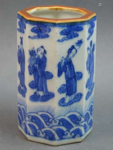 Chinese Blue & White Octagonal Porcelain Brush Pot