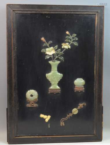 Chinese Wood Panel Inlaid with Carved Jadeite