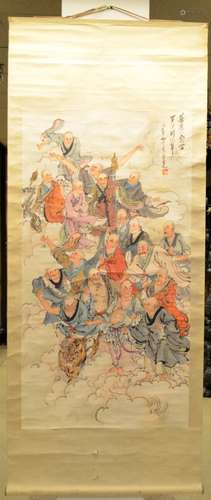 Chinese Scroll Painting of 17 Monks