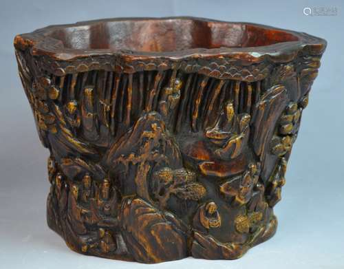 Chinese Wood Carved in Relief Brush Pot