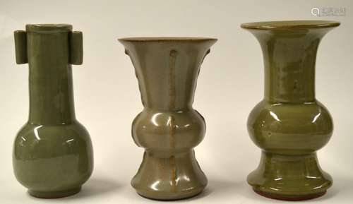 3 Chinese Celadon Glazed Porcelain Vases