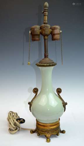 Chinese Celadon Glaze Porcelain Lamp on Bronze Bas