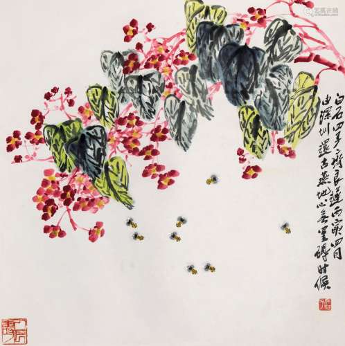 齐良迟 1986年作 海棠蜜蜂 立轴 设色纸本