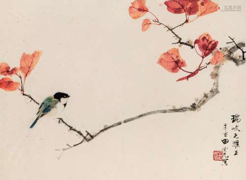 田世光 1981年作 红叶小鸟 镜框 设色纸本