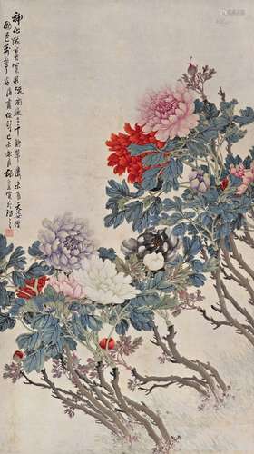 胡荣 1919年作 富贵花开 立轴 设色纸本