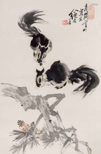 刘继卣 1942年作 松鼠 镜框 设色纸本