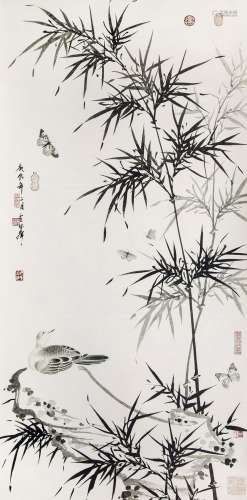 卢坤峰 2000年作 竹雀图 立轴 水墨纸本