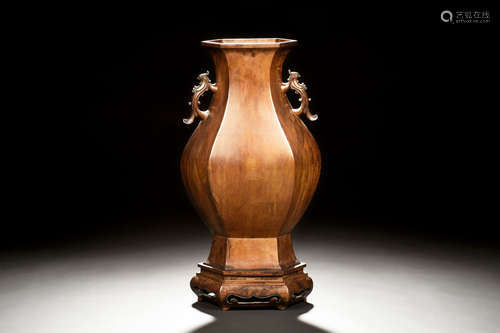 BRONZE CAST LOBED VASE WITH PHOENIX HANDLES