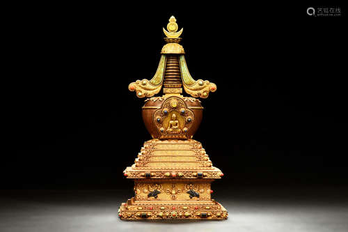 GILT BRONZE AND GEM-STUDDED BUDDHIST PAGODA