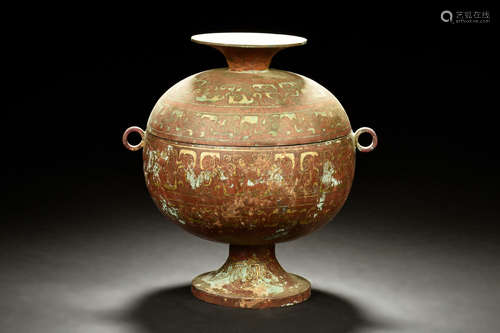 ARCHAIC BRONZE CAST AND GOLD FILIGREE JAR WITH COVER, DOU