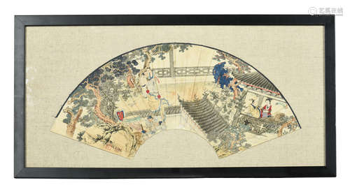 XU CAO: FRAMED INK AND COLOR ON FAN LEAF PAINTING 'PEOPLE'