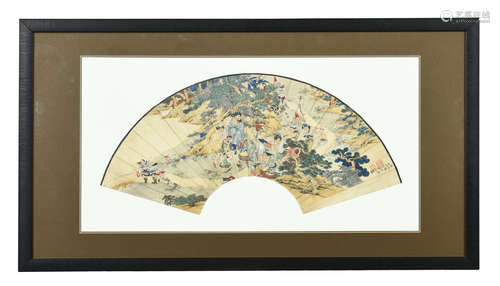 XU CAO: FRAMED INK AND COLOR ON FAN LEAF PAINTING 'ZHONG KUI'