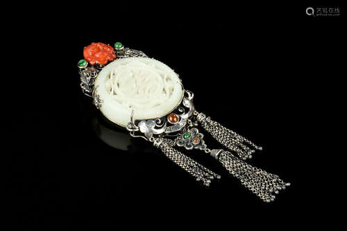 WHITE JADE OPENWORK CARVED BROOCH ENCASED IN SILVER