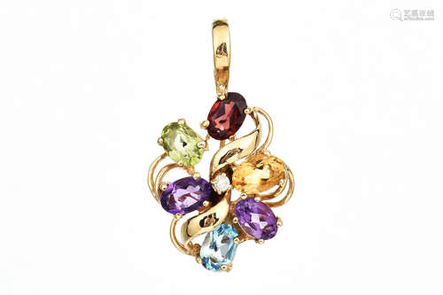 14K GOLD MULTICOLOR GEMSTONE PENDANT WITH DIAMONDS (2 BLUE TOPAZ, 2 AMETHYST, PERIDOT, GARNET, CITRINE)