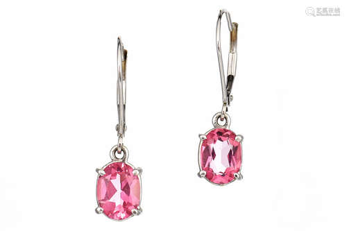 14K WHITE GOLD OVAL CUT PINK TOURMALINE DANGLING LEVERBACK EARRINGS