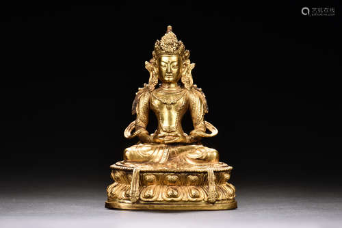 GILT BRONZE SEATED AVALOKITESHVARA FIGURE