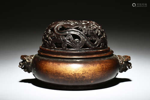 BRONZE CAST CENSER WITH LION MASK HANDLES AND LID