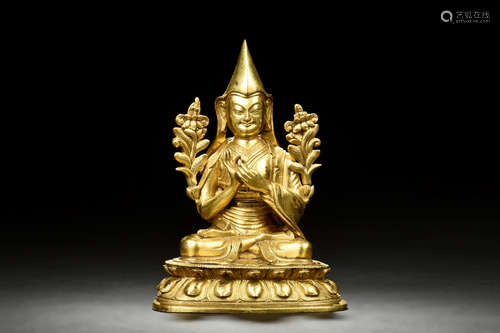 GILT BRONZE SEATED LAMA FIGURE