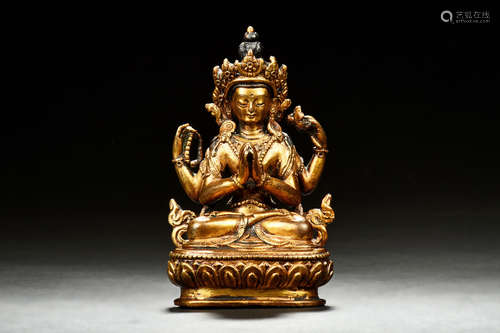 GILT BRONZE CAST FOUR-ARM AVALOKITESHVARA FIGURE