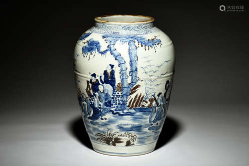 BLUE AND WHITE UNDERGLAZED RED 'EIGHT IMMORTALS' JAR