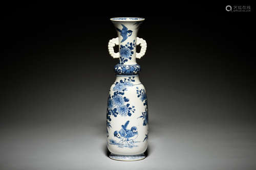 BLUE AND WHITE 'FLOWERS AND BIRDS' BOTTLE VASE