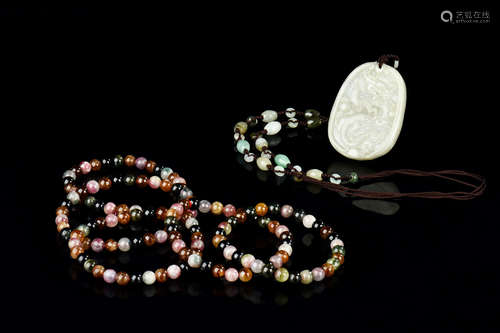 JADE CARVED PLAQUE AND TOURMALINE NECKLACE