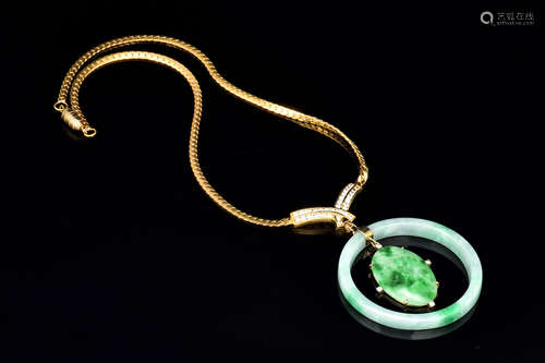 14K YELLOW GOLD NECKLACE JADEITE BANGLE AND PENDANT WITH DIAMONDS