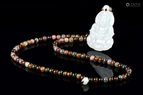 JADE CARVED GUANYIN PENDANT WITH TOURMALINE NECKLACE