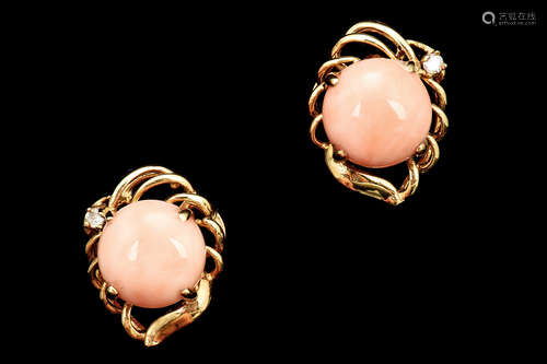 PAIR OF 14K GOLD ANGEL SKIN CORAL EARRINGS