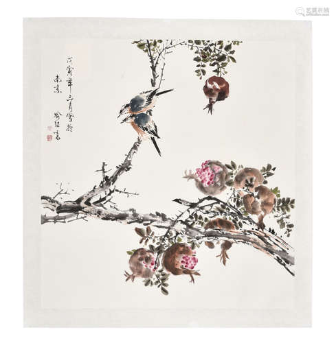 YU JIGAO: INK AND COLOR ON PAPER PAINTING 'FLOWERS AND BIRDS'