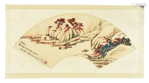 ZHANG DAQIAN: INK AND COLOR ON FAN LEAF PAINTING 'LANDSCAPE'