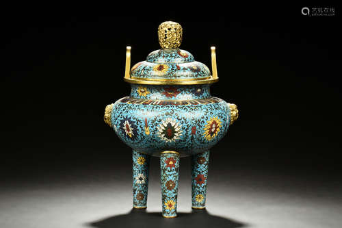 CLOISONNE ENAMELED 'FLOWERS' TRIPOD CENSER WITH LID