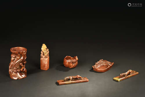 SET OF SIX SHOUSHAN SOAPSTONE CARVINGS