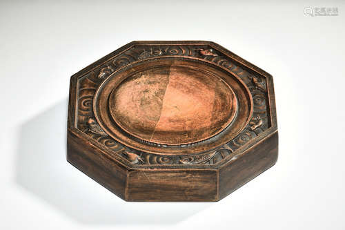 OCTAGONAL CARVED STONE INKWELL