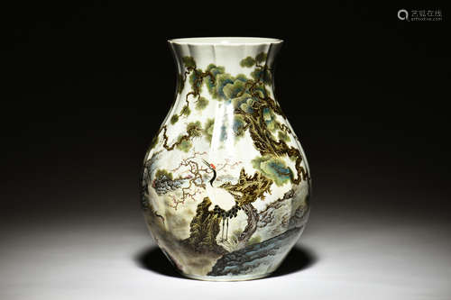 FAMILLE ROSE 'CRANES' LOBED VASE