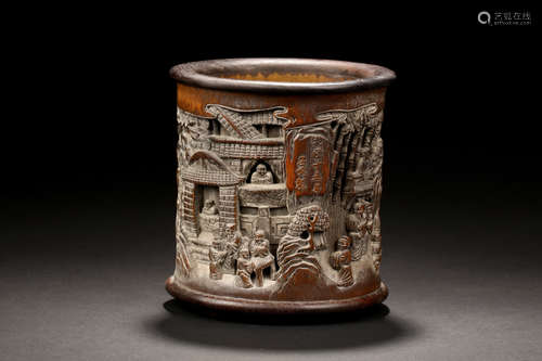 BAMBOO RELIEF CARVED 'BAMBOO GROVE' BRUSH POT