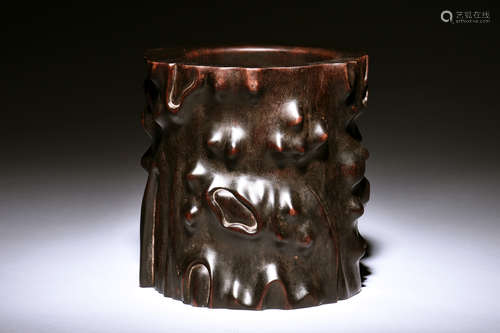 ZITAN WOOD CARVED 'TREE TRUNK' BRUSH POT