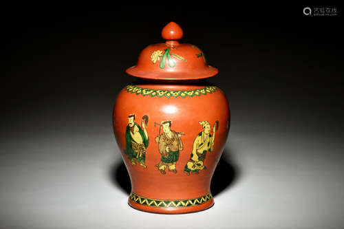 RED GROUND SANCAI 'EIGHT IMMORTALS' JAR WITH COVER