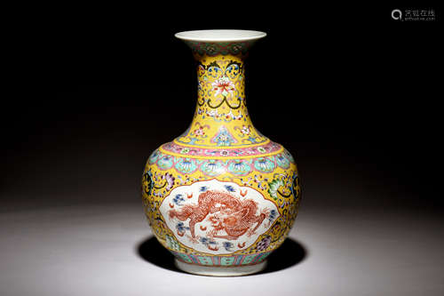 FAMILLE ROSE YELLOW GROUND 'DRAGON' VASE