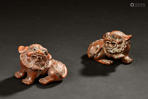 PAIR OF WOOD CARVED LION