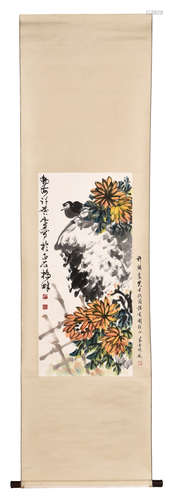 XU LINLU: INK AND COLOR ON PAPER PAINTING 'FLOWERS AND BIRDS'