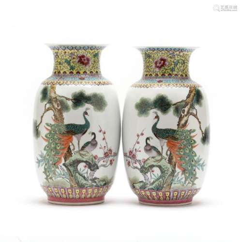 A Pair of Republic Style Porcelain Vases with Peacocks