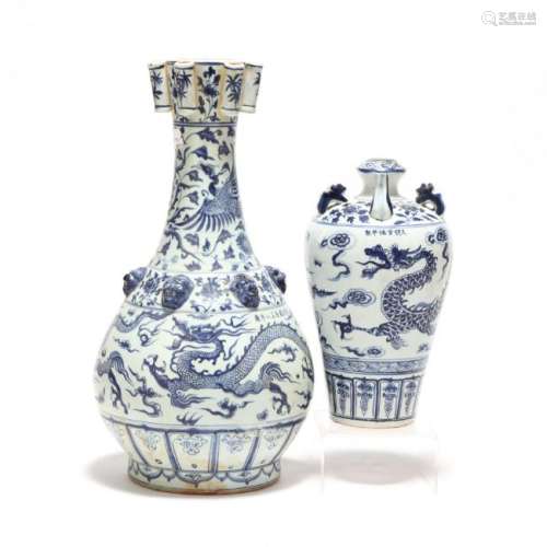Two Chinese Blue and White Dragon Vases